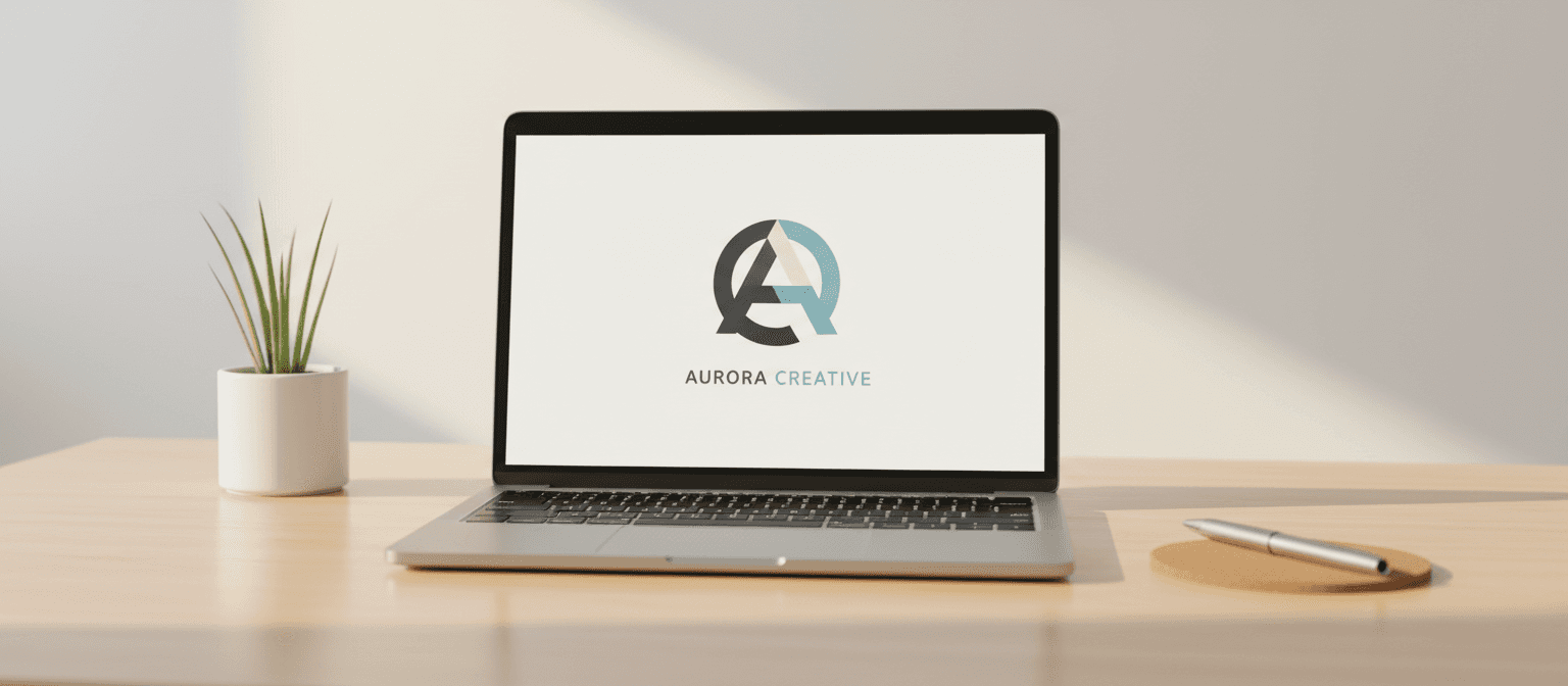 매끄러운 회사 로고가 화면에 표시된 열린 노트북이 나무 책상 위에 놓여 있는 미니멀한 브랜딩 목업입니다.