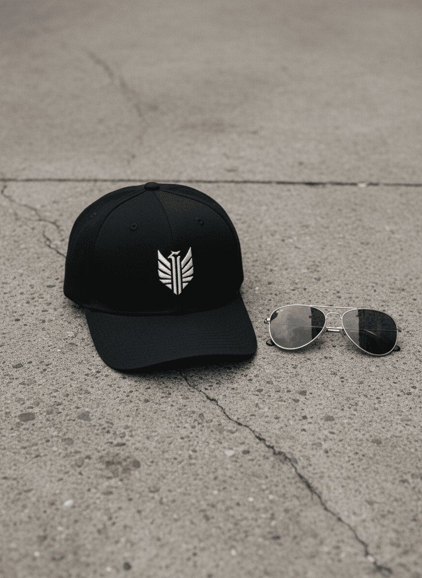 세련된 야구 모자 목업, 자수 로고가 있는 검은색 모자, 빈티지 선글라스 옆 텍스처가 있는 콘크리트 표면에 평평하게 놓여 있으며, 도시 사진 스타일, 깔끔한 구성.