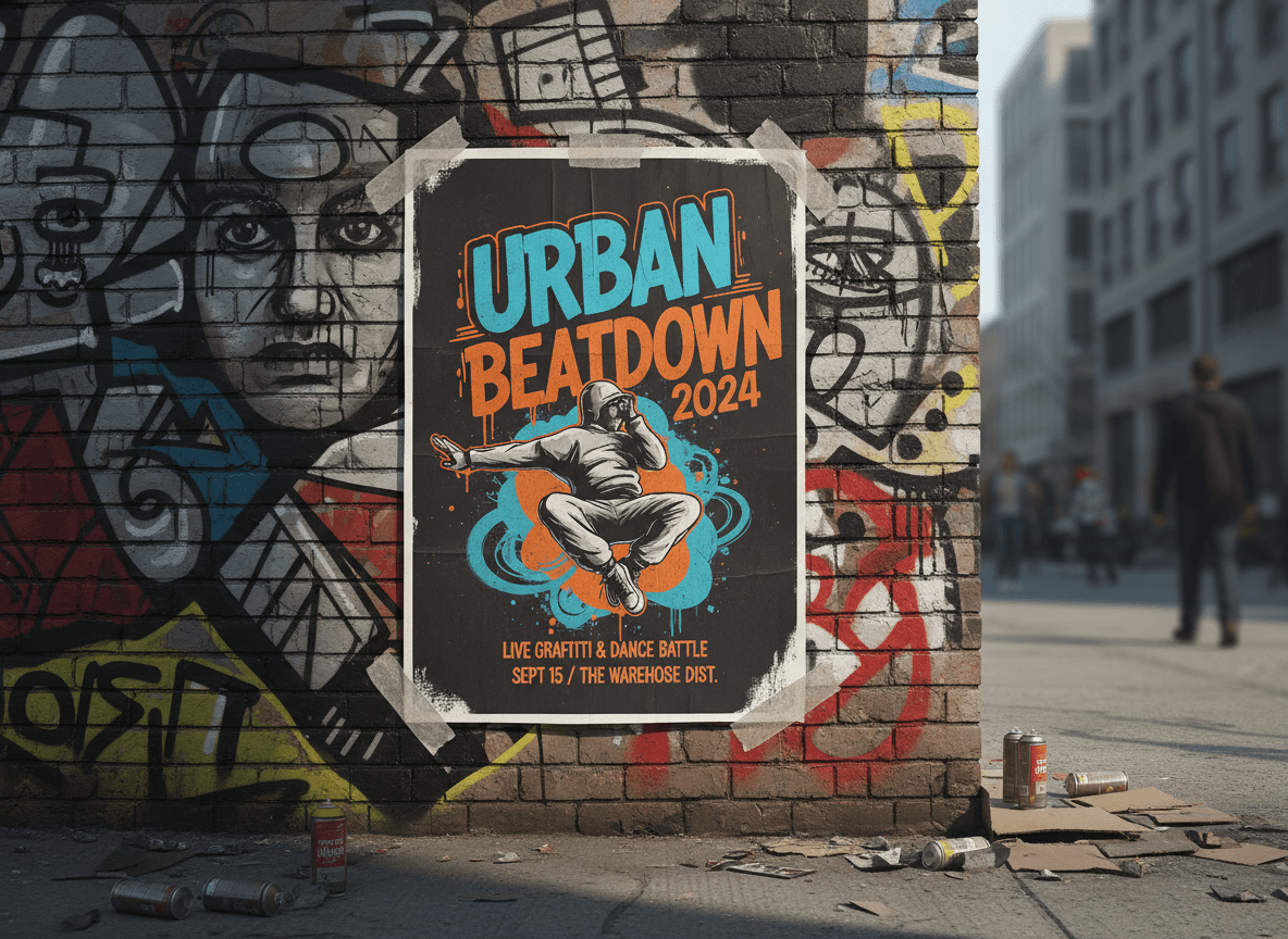 벽돌 벽에 붙은 스트리트 스타일 이벤트 포스터 목업