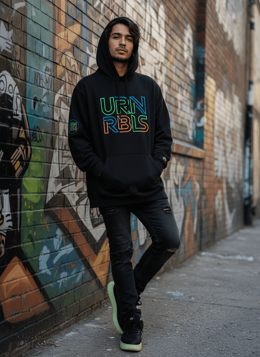 생동감 넘치는 그래피티 벽을 배경으로 스트릿웨어 브랜드 로고가 새겨진 세련된 후드티를 입은 젊은이, 멋진 도시 미학, 날렵한.