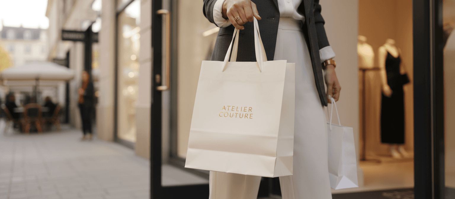 명품 브랜드 로고가 새겨진 세련된 종이 쇼핑백 목업, 부티크에서 나오는 패션에 신경 쓴 사람의 손에 들려 있으며, 흐릿한 고급스러운 거리 배경, 가방에 초점.