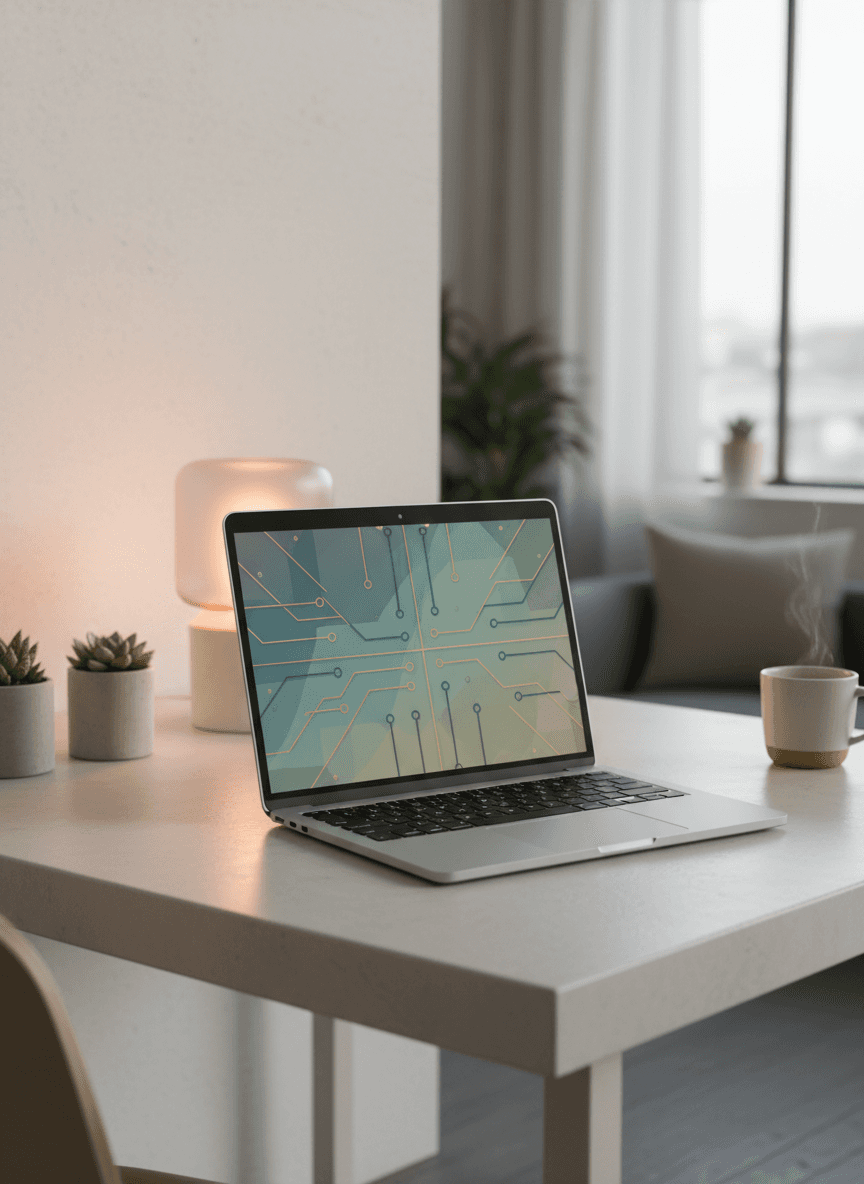 현대적인 책상 위 은색 노트북 목업.