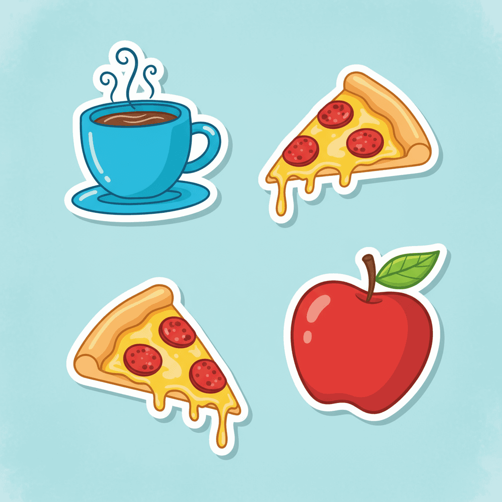 재미있는 스티커 스타일의 음식 및 음료 무료 아이콘: 커피, 피자, 사과.