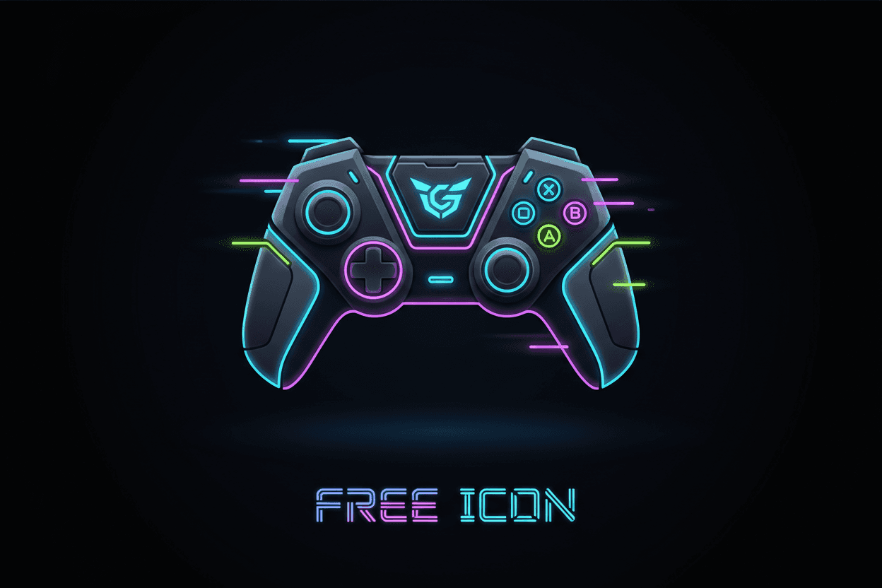 검은색 배경에 네온 조명과 어두운 악센트가 있는 역동적인 미래형 게임 컨트롤러 아이콘.