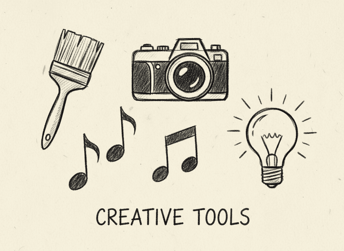 페인트 브러시, 카메라, 음표, 전구가 있는 손그림 스케치 창의성 아이콘.