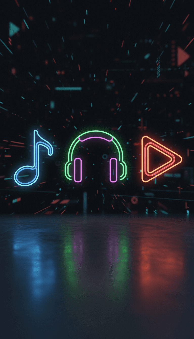 음악을 위한 미래 지향적인 네온 윤곽선 무료 아이콘: 음표, 헤드폰, 재생 버튼.