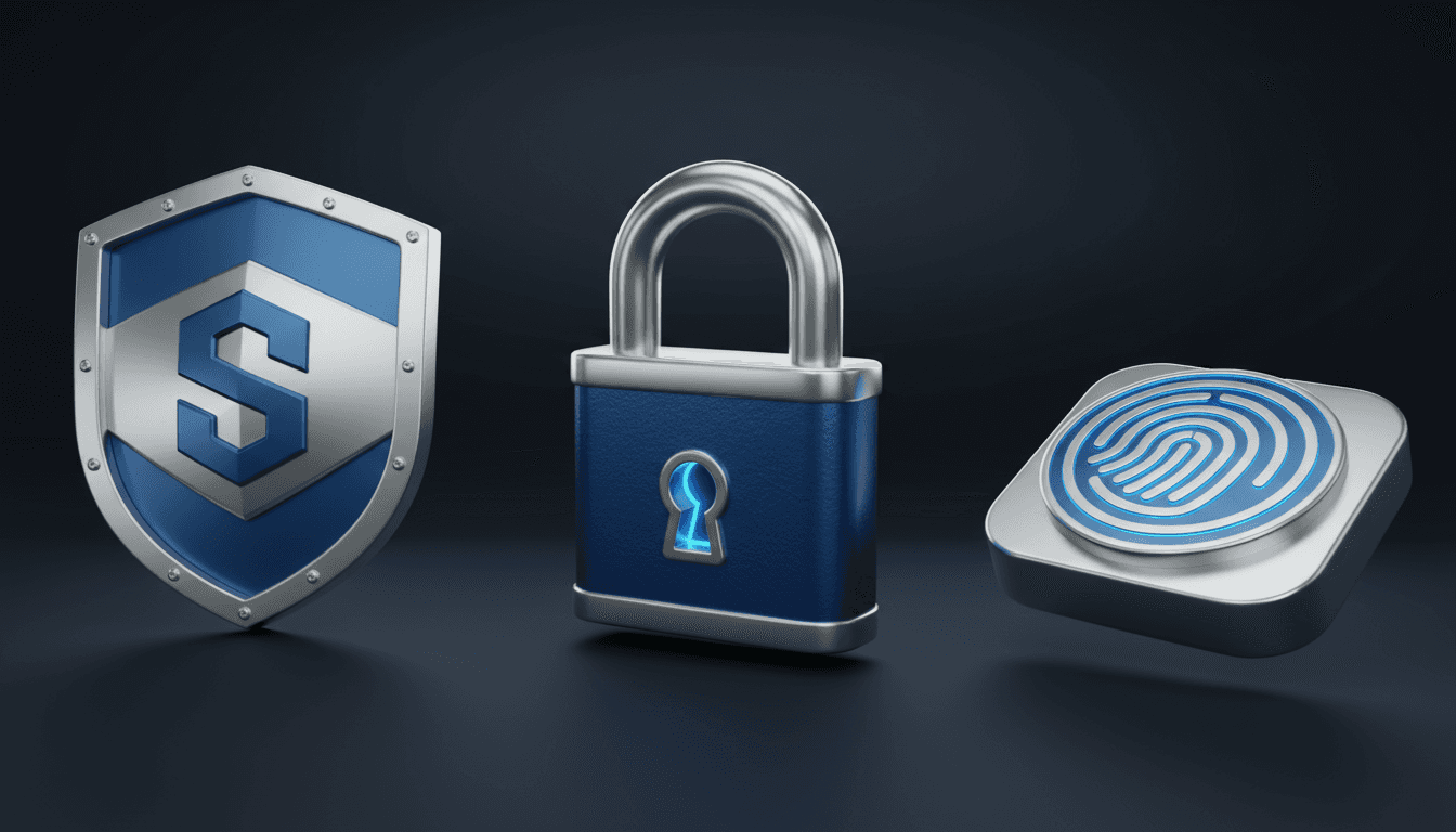 사실적인 광택 금속 보안 무료 아이콘: 방패, 자물쇠, 지문 스캐너.