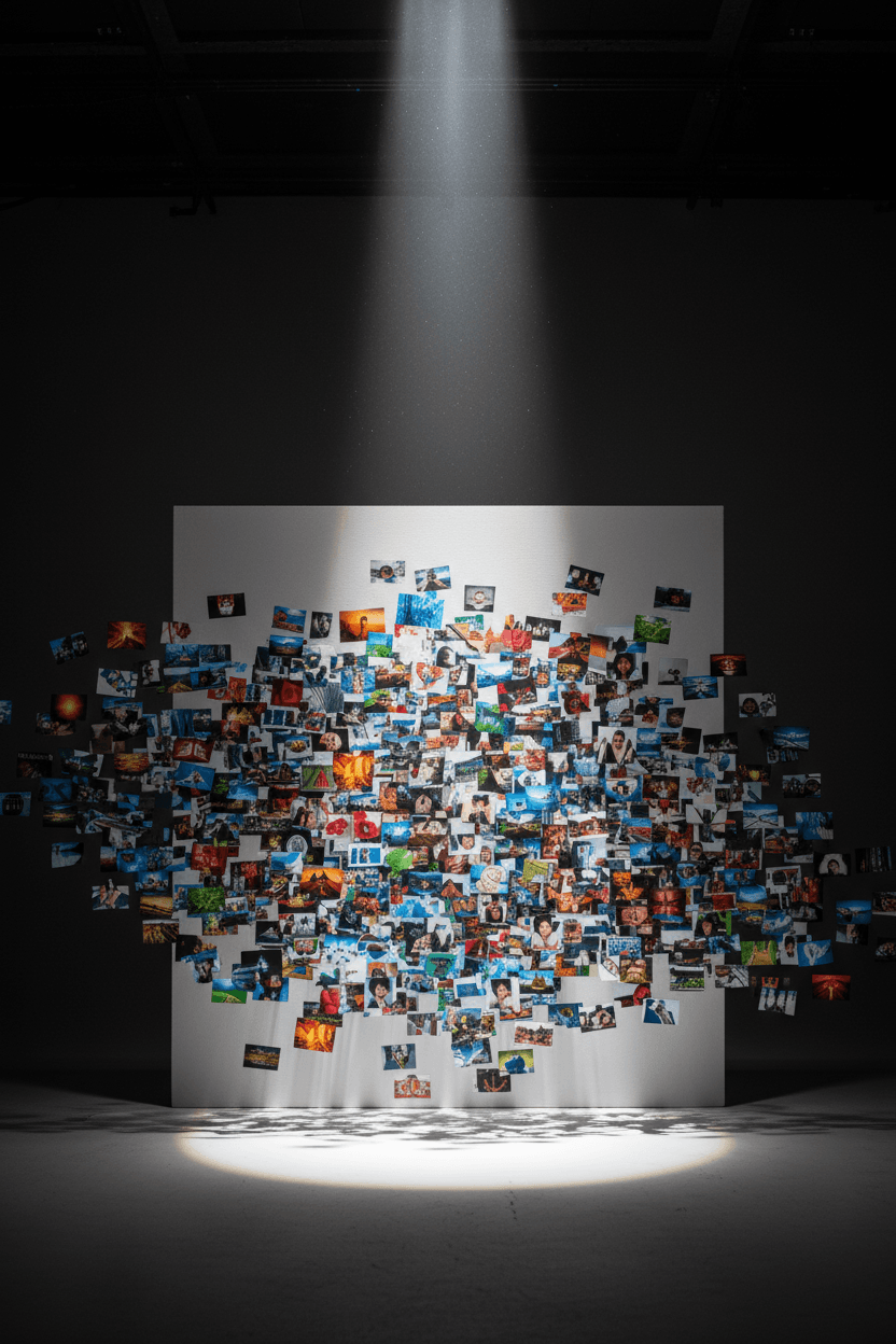 빈 캔버스를 이미지로 채우는 광선으로, 무료 콘텐츠의 즉각적인 가용성을 나타냅니다.