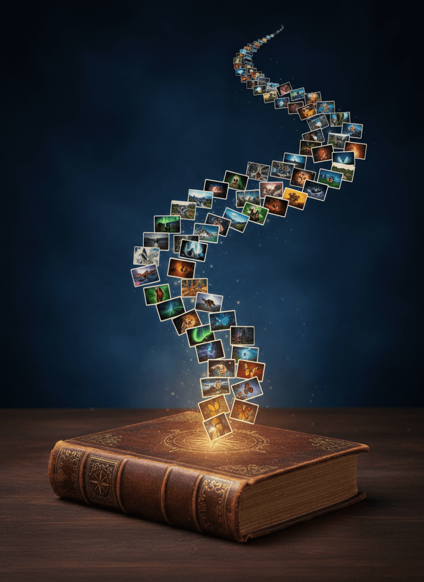 끝없이 사진을 보여주는 고대 책으로, 무한한 무료 이미지 공급원을 나타냅니다.