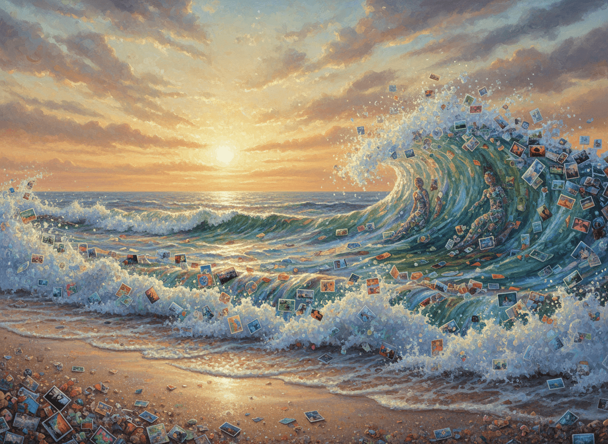 파도가 작은 사진들로 이루어진 바다로, 광대한 무료 이미지의 바다를 상징합니다.