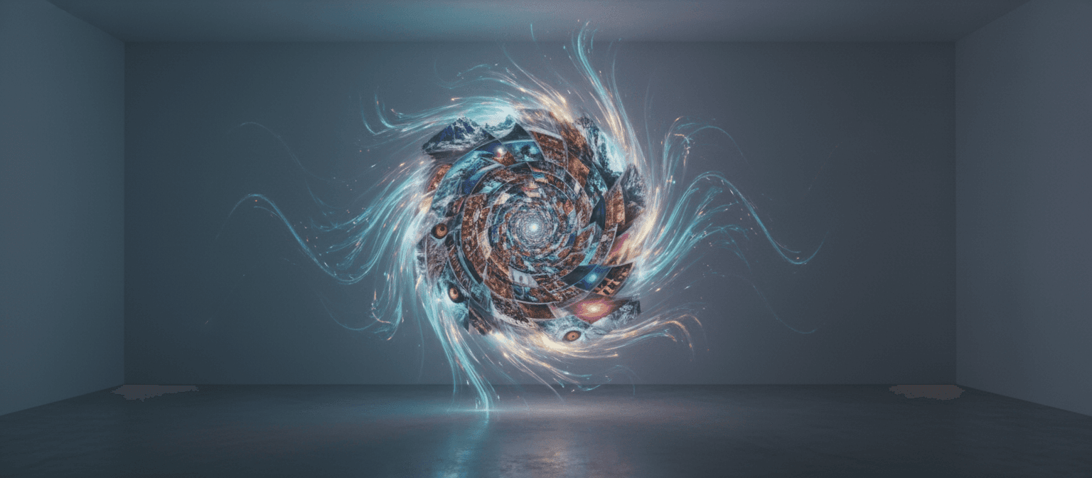 무한한 사진 배열을 보여주는 초자연적인 포털로, 무제한 무료 이미지에 대한 접근을 상징합니다.