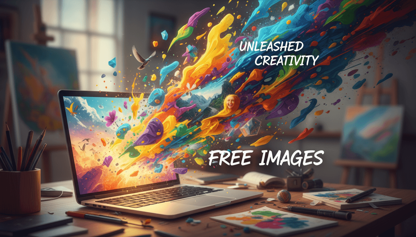 노트북 화면에서 터져 나오는 다채롭고 추상적인 형태와 붓놀림, 무료 이미지를 통한 자유로운 창의성을 나타냅니다.