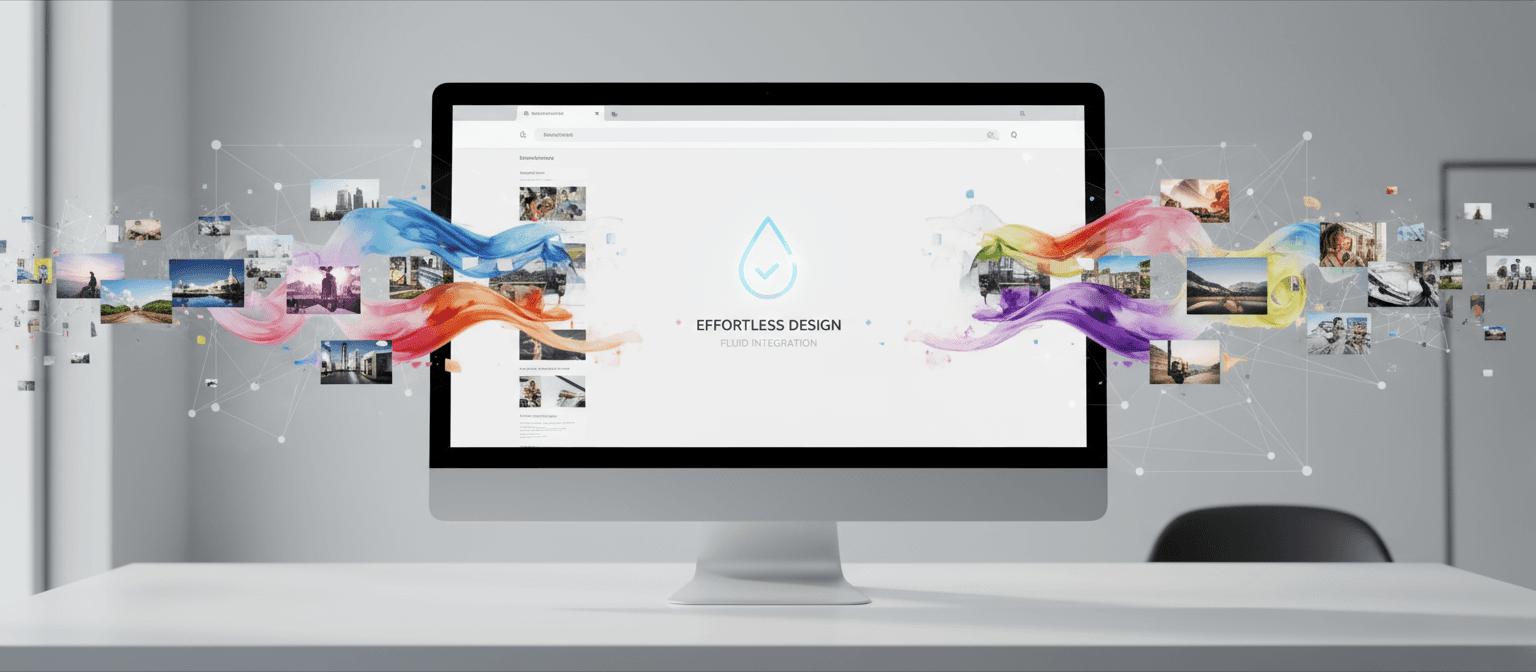 다양한 무료 스톡 이미지가 빈 웹 페이지 레이아웃에 완벽하게 녹아들고 합쳐지는 모습으로, 사용 용이성과 유려한 디자인을 나타냅니다.