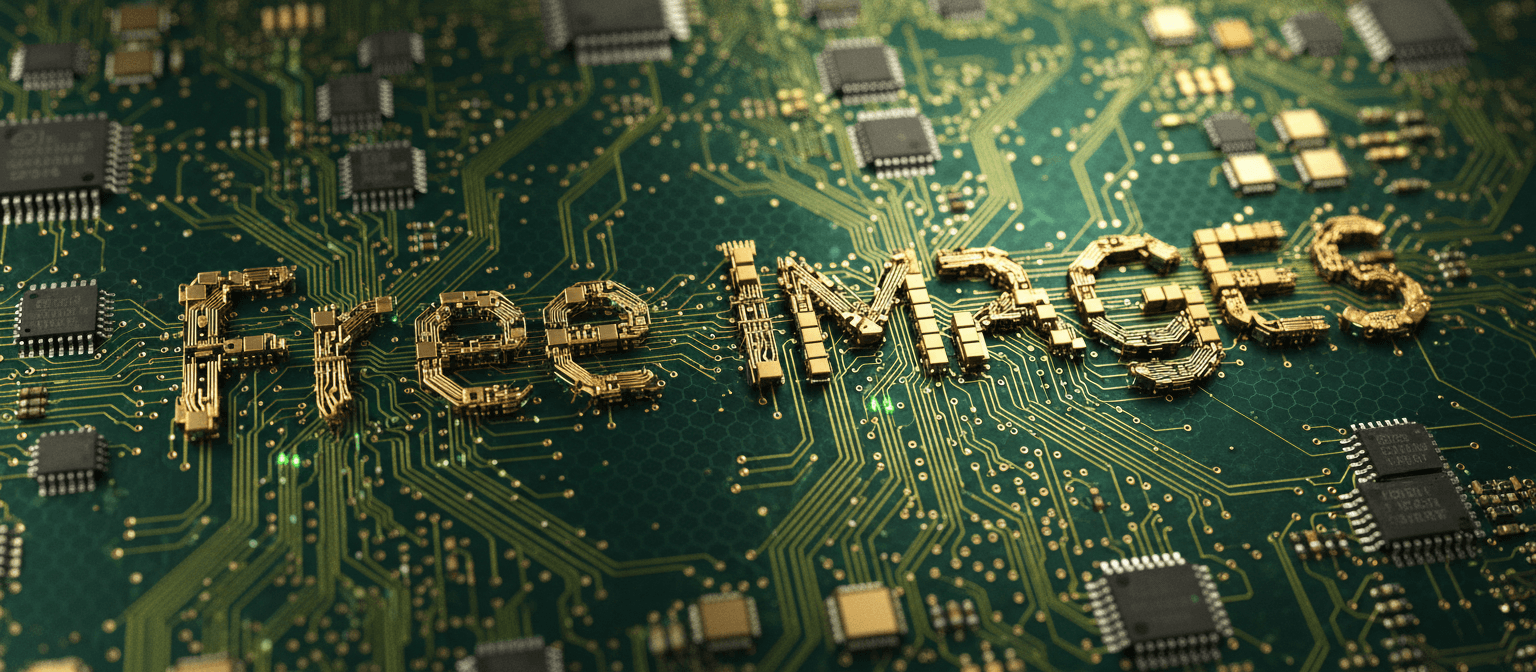 금속 트레이스와 부품이 독창적으로 '무료 이미지' 글자를 형성하는 복잡한 회로 기판 디자인.