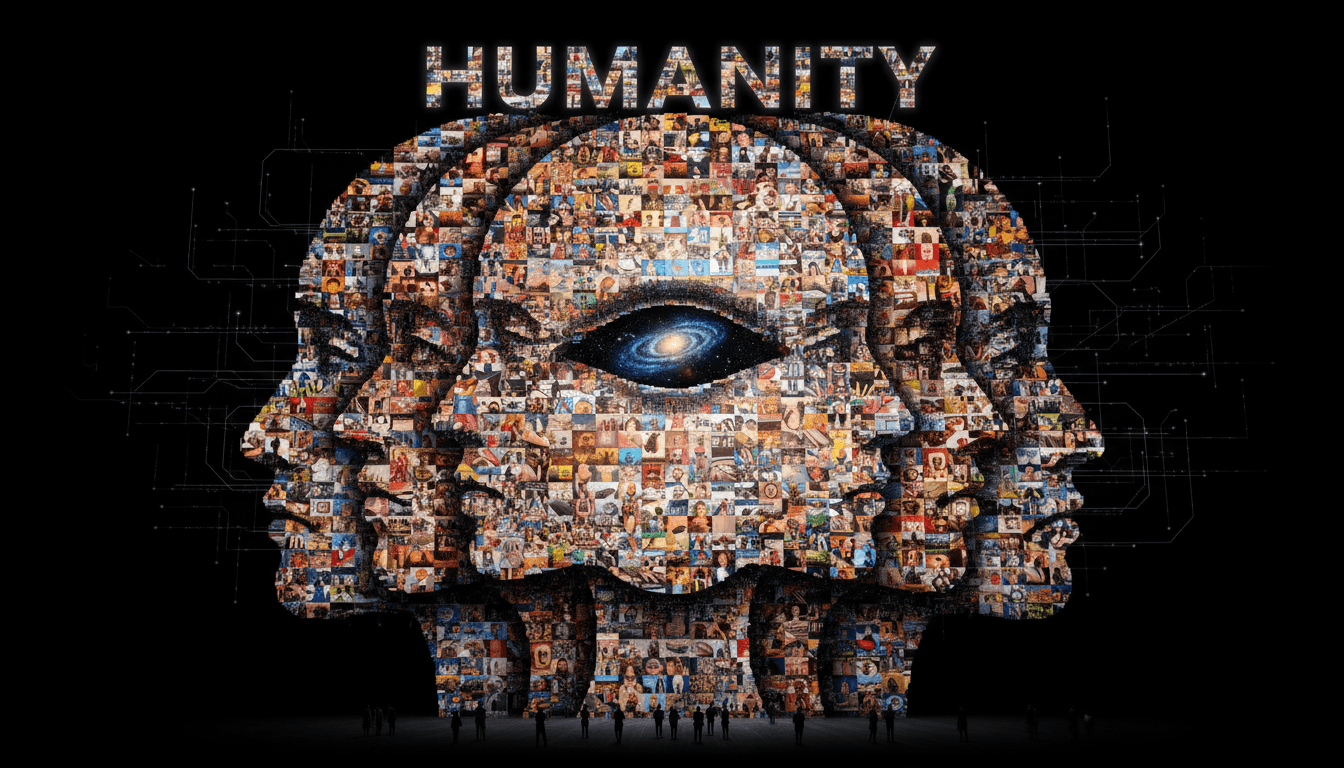 수천 개의 다양하고 고해상도 무료 이미지로만 구성된 웅장하고 복잡한 인류 모자이크 초상화로, 각 이미지가 더 큰 그림에 기여합니다.