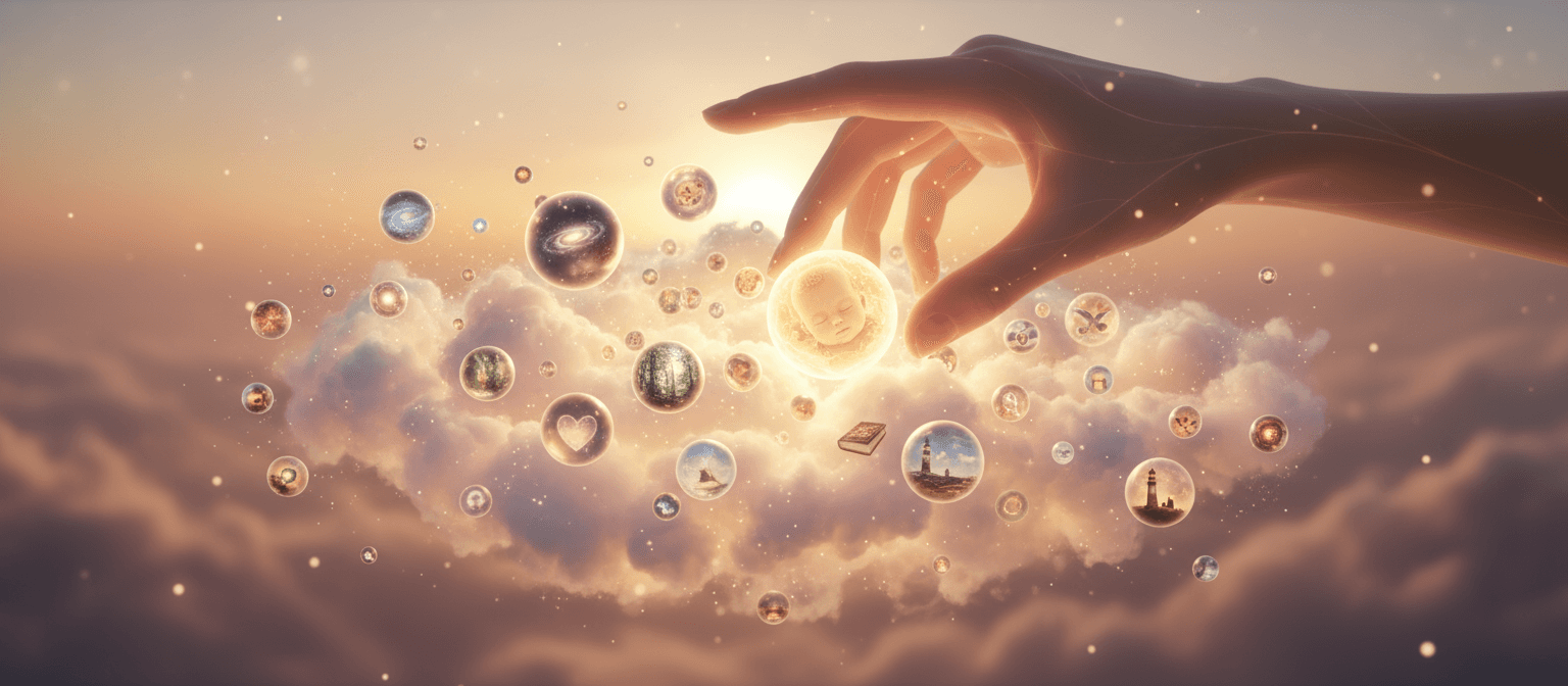 부드럽고 신비로운 구름 속으로 손을 뻗어 방대한 컬렉션에서 빛나는 이미지 하나를 조심스럽게 선택하는 모습으로, 선별된 무료 이미지를 상징합니다.