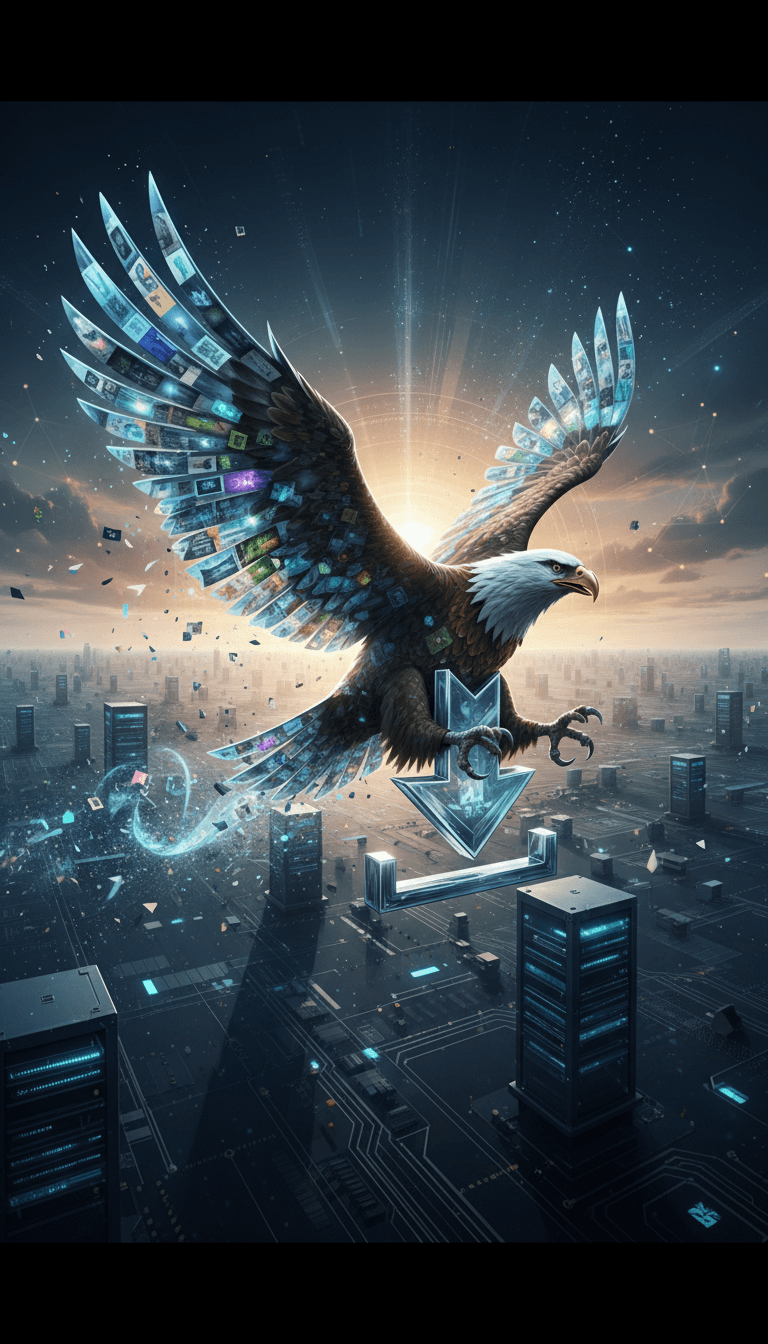 이미지 미리보기로 구성된 날개를 가진 독수리로 변모한 웅장한 다운로드 아이콘이 디지털 풍경 위를 날아가는 모습으로, 무료 이미지 접근성을 상징합니다.