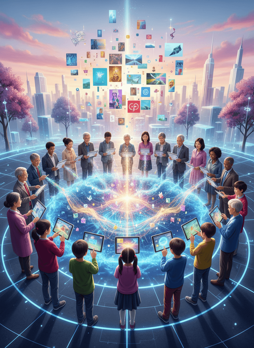다양한 민족과 연령대의 개개인들이 빛나는 공동의 '풀' 또는 클라우드에 디지털 이미지 자산을 협력적으로 배치하는 모습으로, 공유되고 무료로 기여된 이미지를 상징합니다.