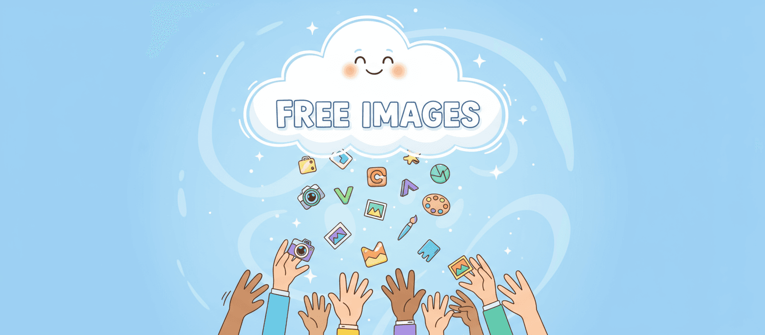 미소 짓는 구름이 '무료 이미지'라는 글자 형태로 이미지 아이콘을 뿌리는 익살스러운 카툰 일러스트레이션.
