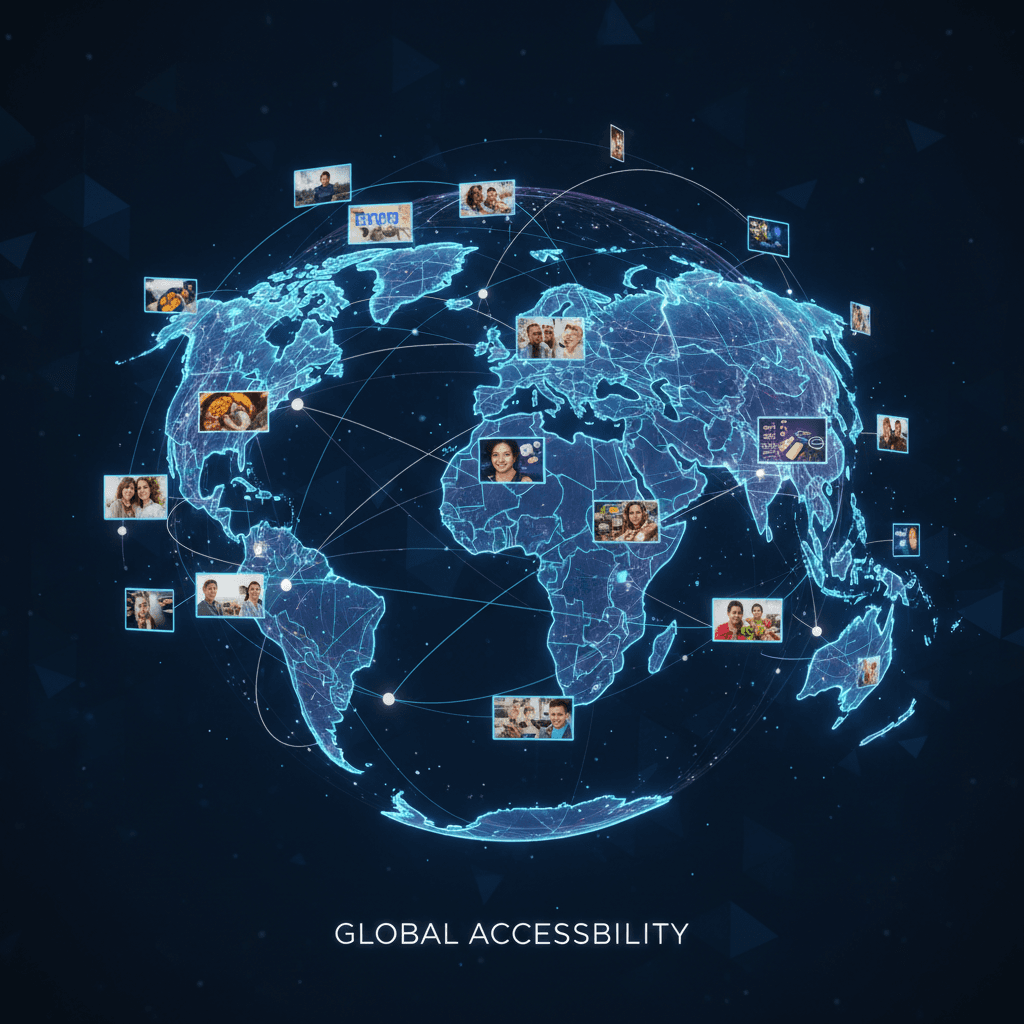 빛나는 디지털 스레드로 윤곽이 그려진 미니멀한 세계 지도에 이미지 미리보기가 삽입되어 있어 무료 이미지의 글로벌 접근성과 연결성을 상징합니다.