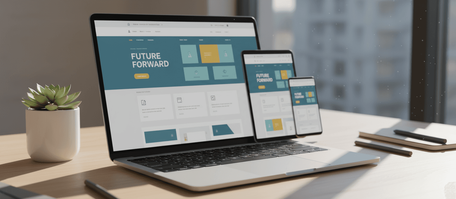 반응형 웹사이트 디자인이 표시된 노트북 화면 목업 이미지.