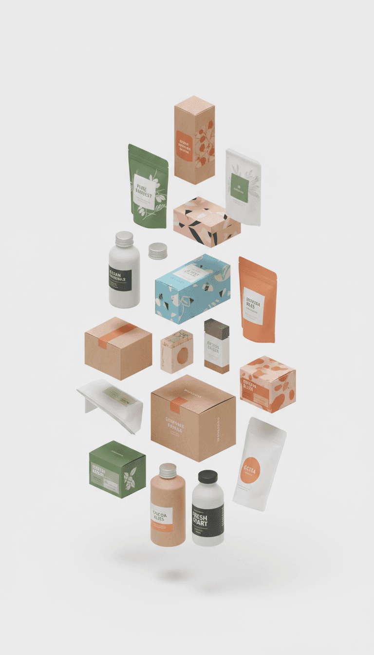 다양한 종류의 상자, 파우치, 병 패키징 목업들이 흰색 배경에 떠 있는 모습 (등각 투영).