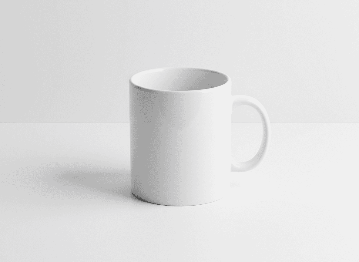 평평한 흰색 표면에 놓인 흰색 세라믹 커피잔 목업.