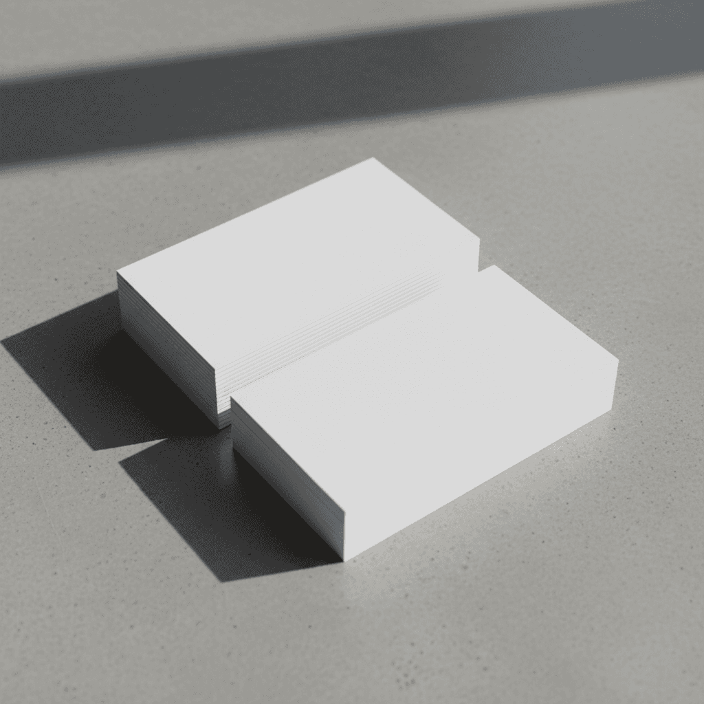 깔끔하고 우아한 흰색 명함 더미가 회색 콘크리트 표면에 놓여 있으며, 디자인 맞춤화를 기다리고 있습니다. 부드러운 그림자가 드리워져 있습니다.