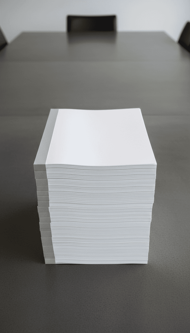 매끄럽고 미니멀한 회의 테이블 위에 놓인 빈 전단지 묶음.