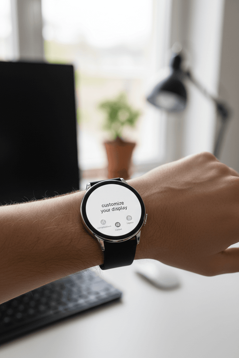 스마트워치 화면이 확대되어 비어 있고 사용자 정의 가능한 인터페이스가 손목에 표시됩니다. 흐릿한 홈 오피스 배경이 있습니다.