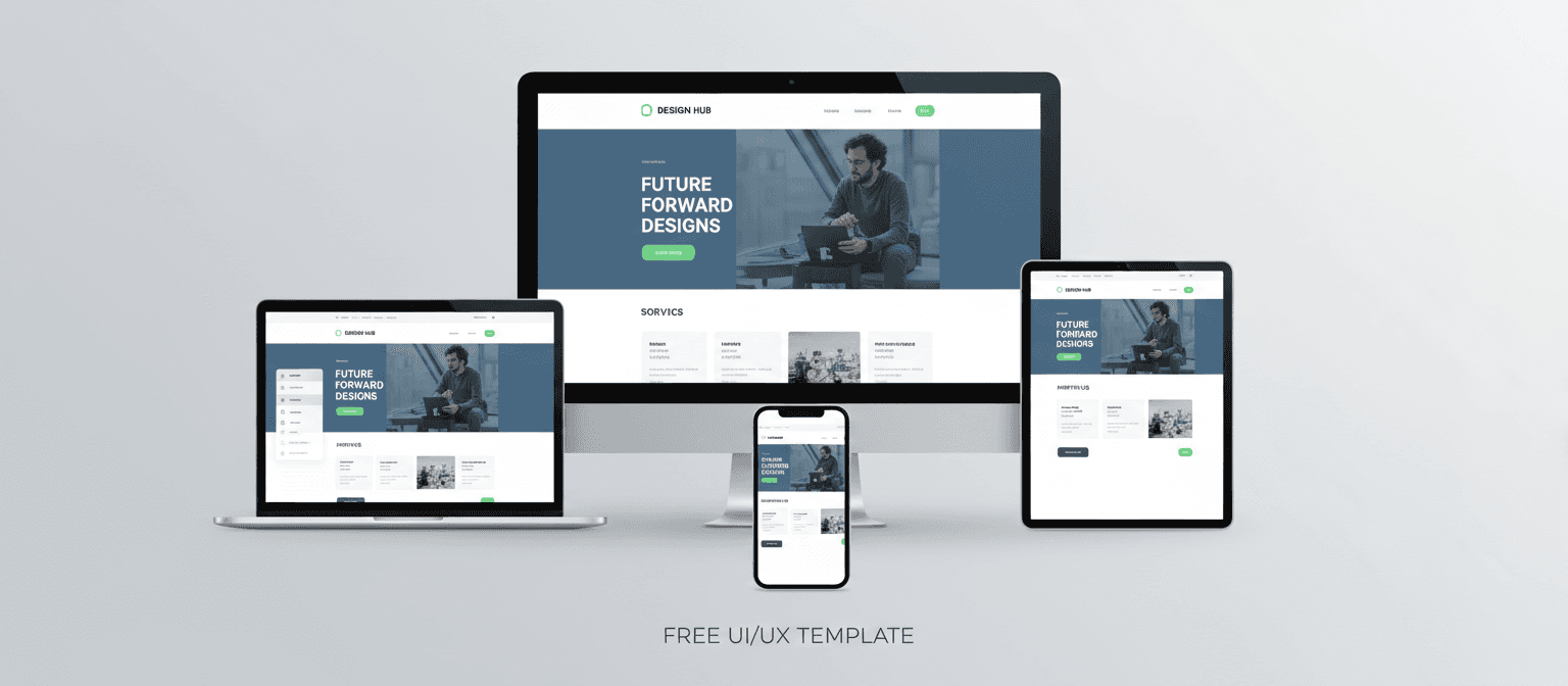 데스크톱, 노트북, 태블릿, 스마트폰 등 다양한 기기에서 반응형 웹 디자인 목업 표시.