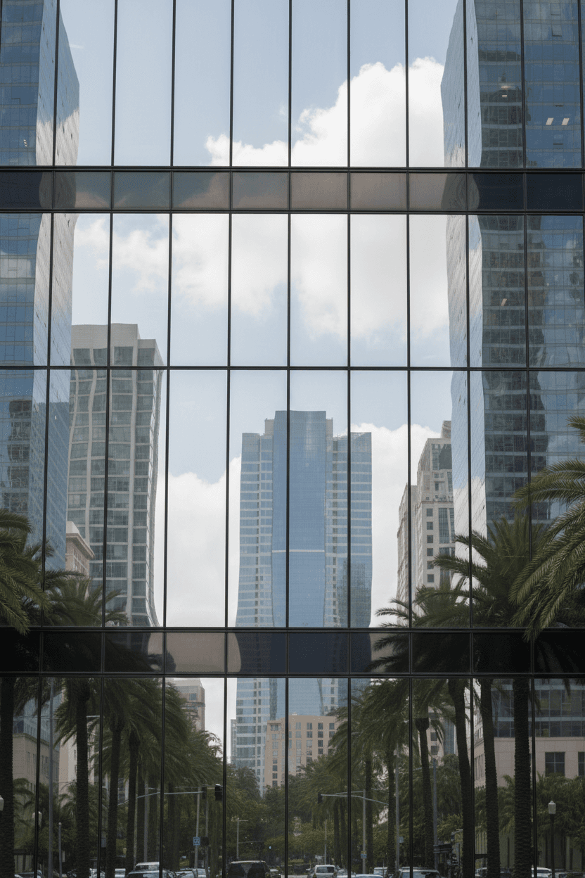 현대적인 건물에 유리 간판 목업으로 사용되는 투명 창문.