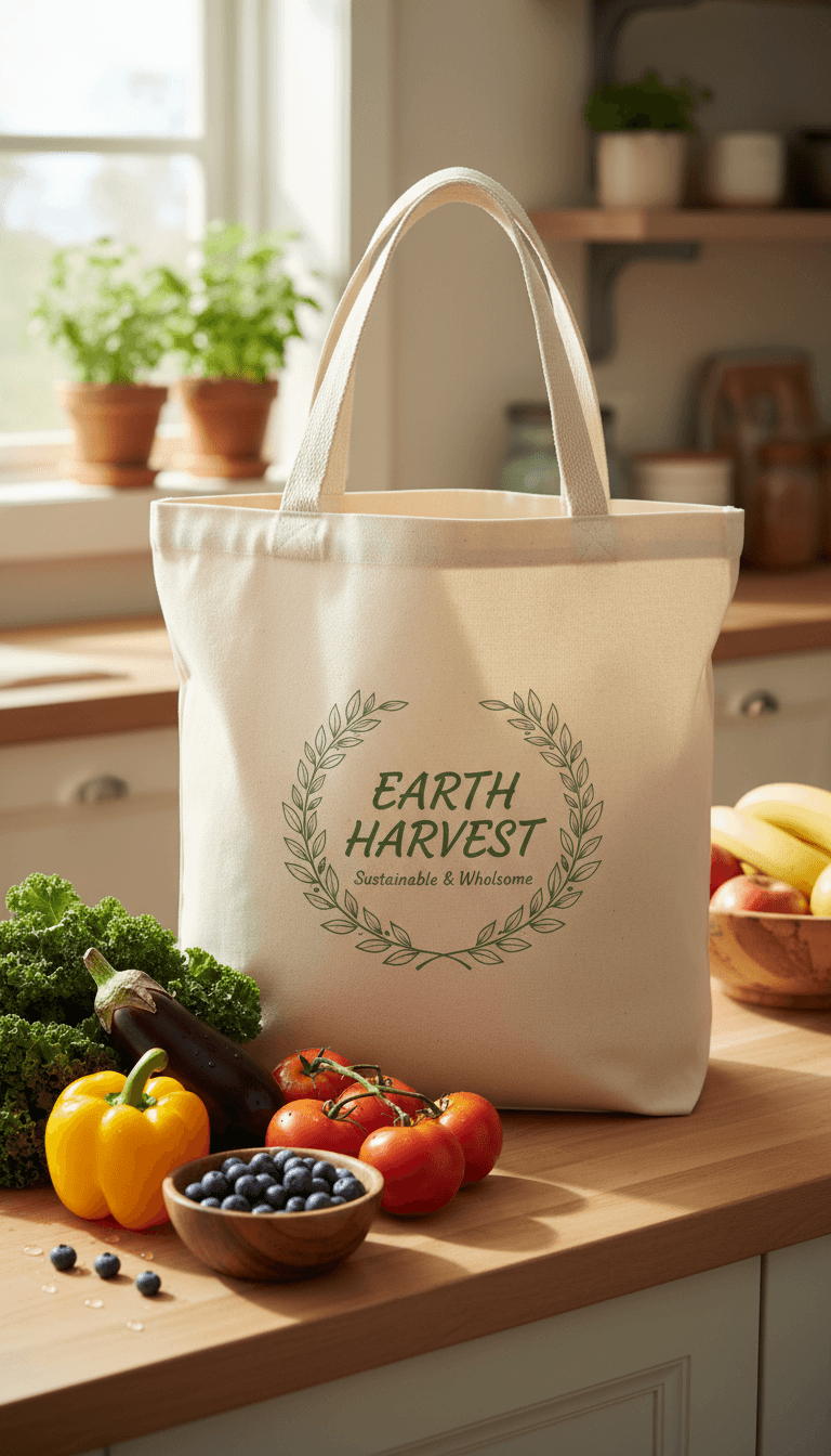 주방 카운터에 놓인 친환경 캔버스 식료품 가방 목업 이미지.