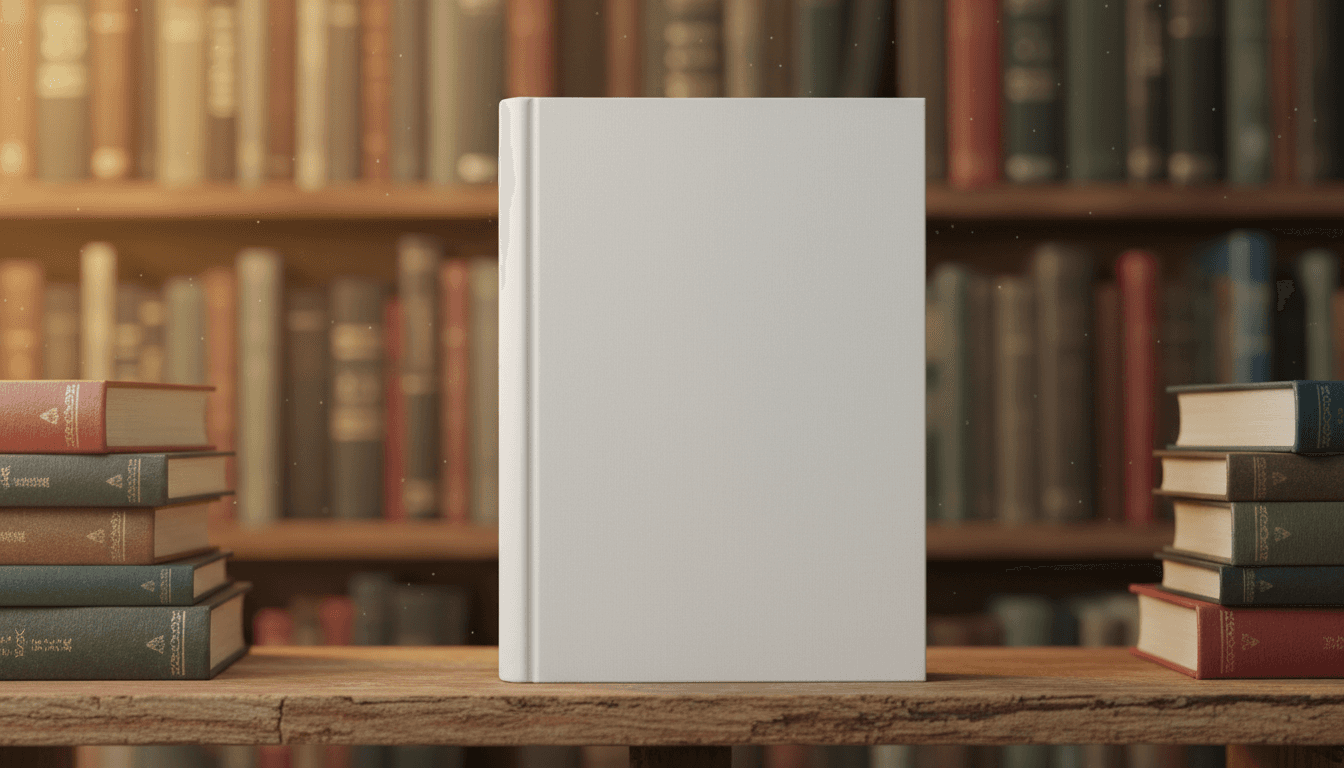 낡은 책장에 빈 표지의 하드커버 책 목업.