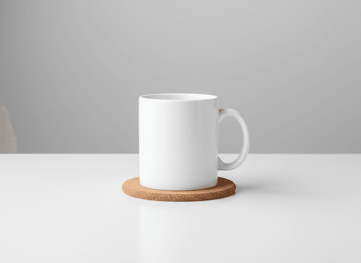 로고를 넣을 수 있는 하얀 세라믹 커피잔이 깔끔한 흰색 책상 위에 코르크 코스터와 함께 놓여 있습니다.