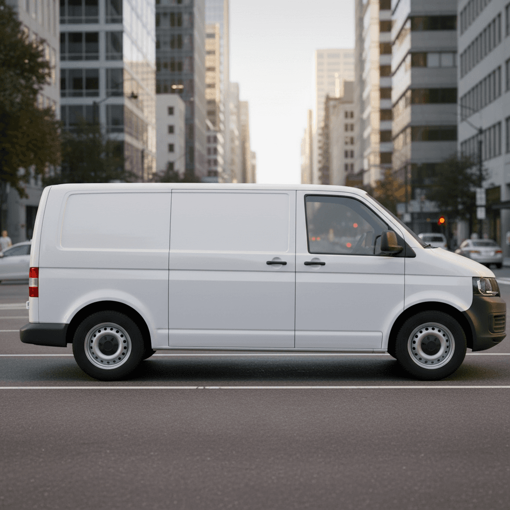 도시 거리에 주차된 흰색 밴의 빈 차량 랩 목업 이미지.