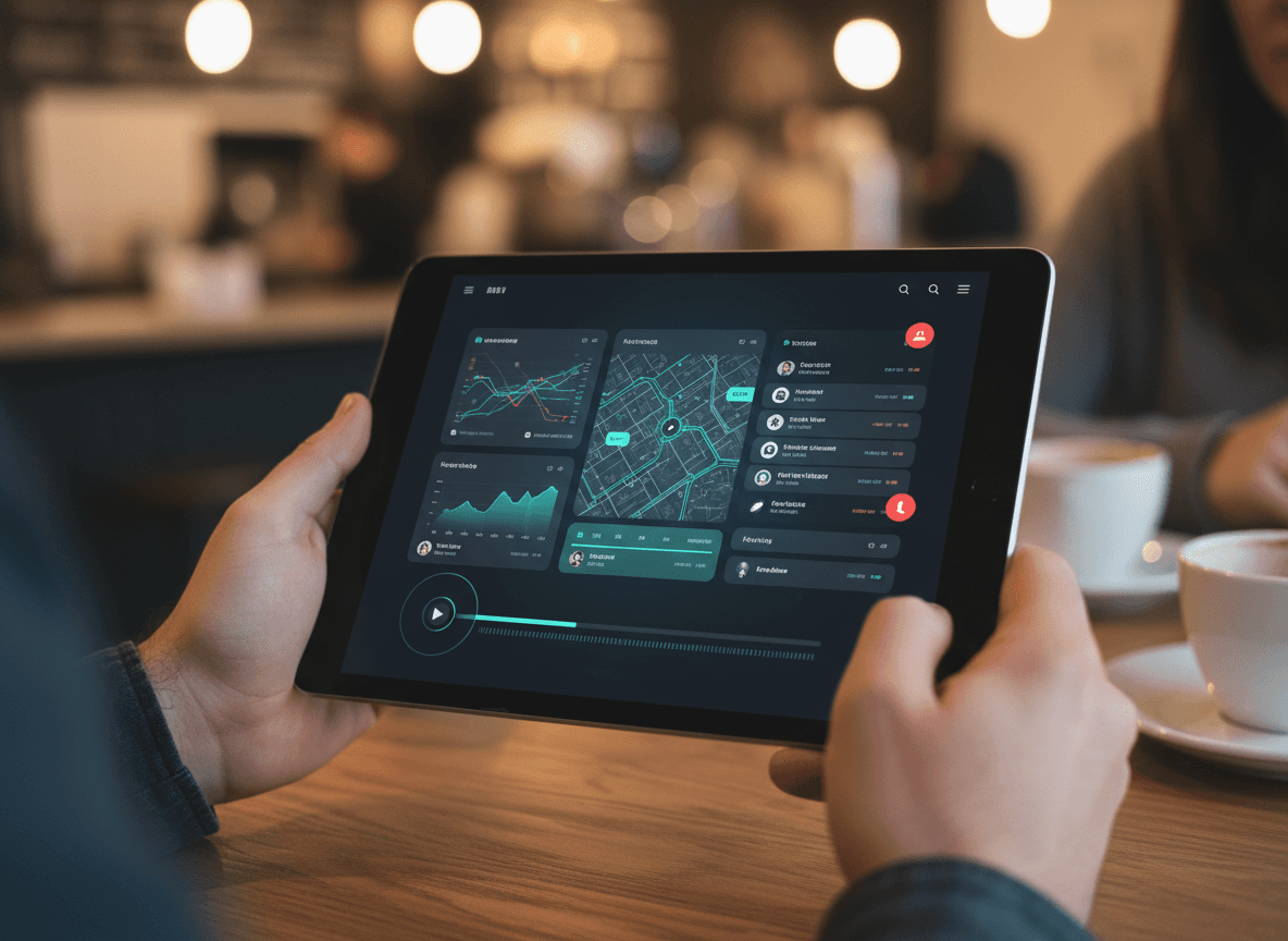 카페에서 손으로 들고 있는 태블릿 화면의 앱 인터페이스 목업 이미지.
