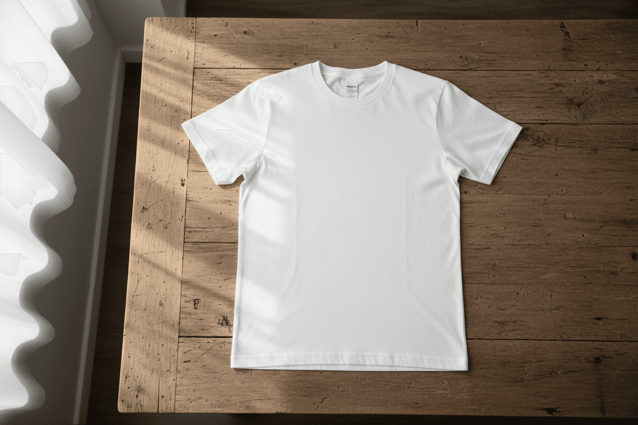 깨끗한 흰색 티셔츠 목업 이미지가 나무 테이블 위에 평평하게 놓여있음.
