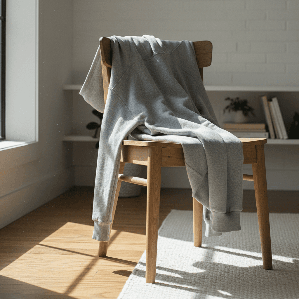 나무 의자 위에 편안하게 걸쳐진 회색 후드티 목업 이미지.