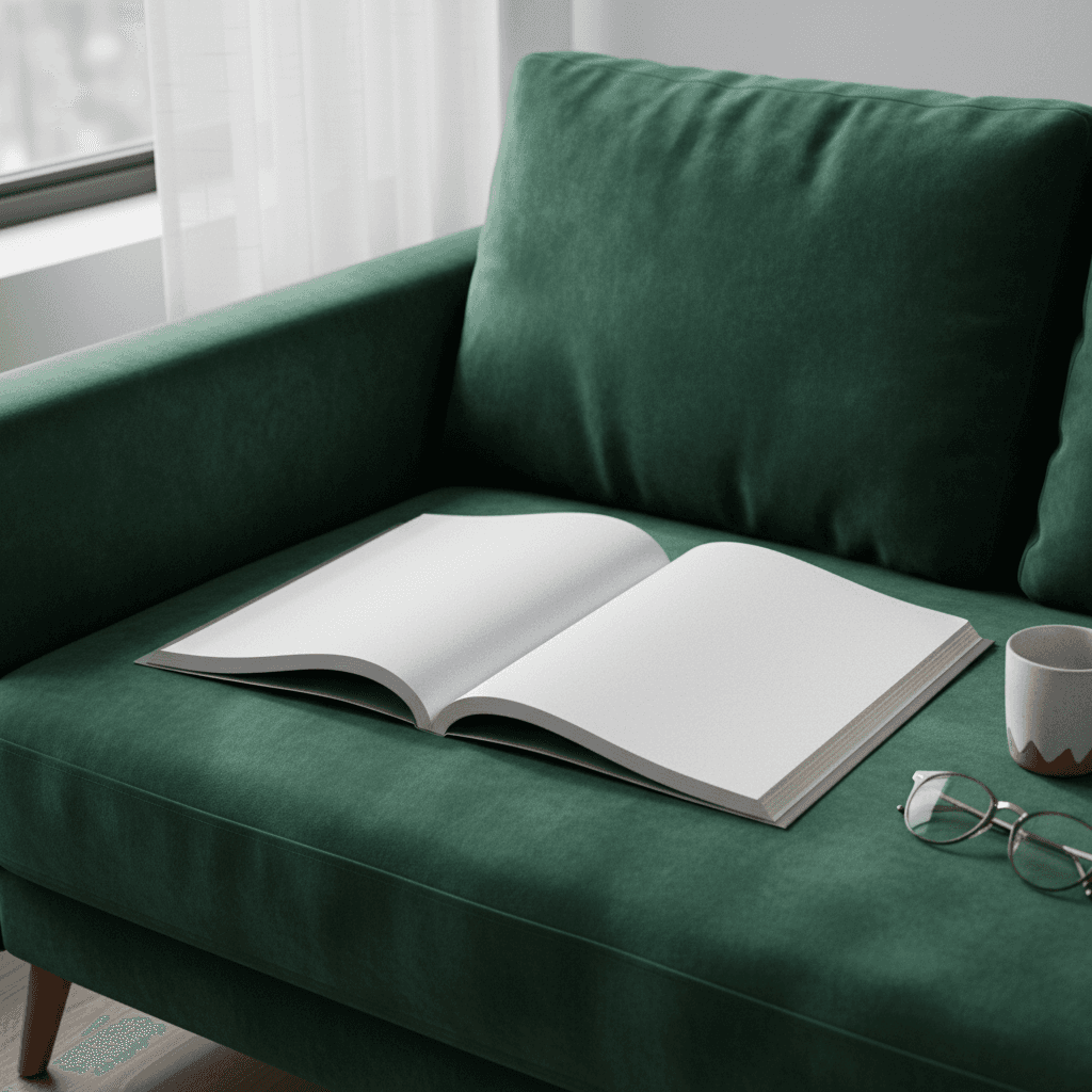 벨벳 소파에 놓인 빈 페이지의 열린 잡지 목업.