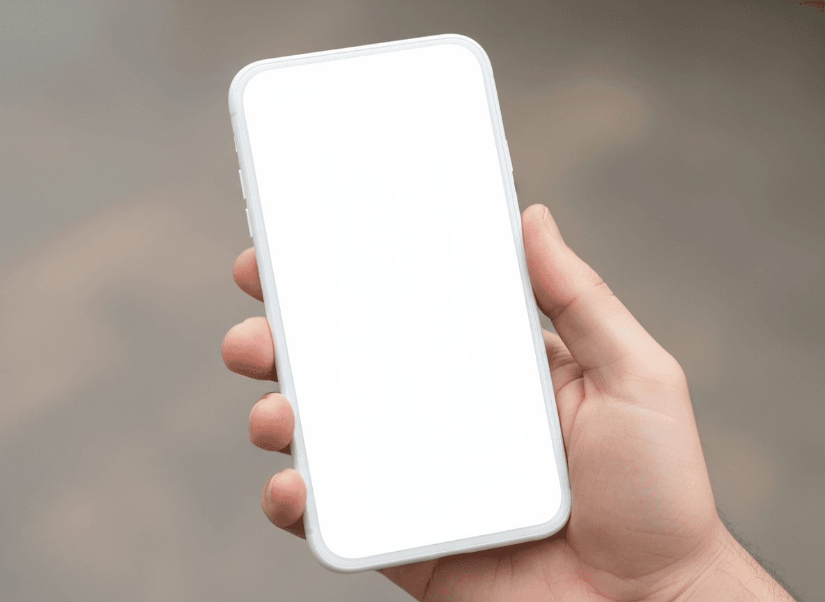 빈 화면이 있는 흰색 스마트폰을 손으로 들고 있는 모습.