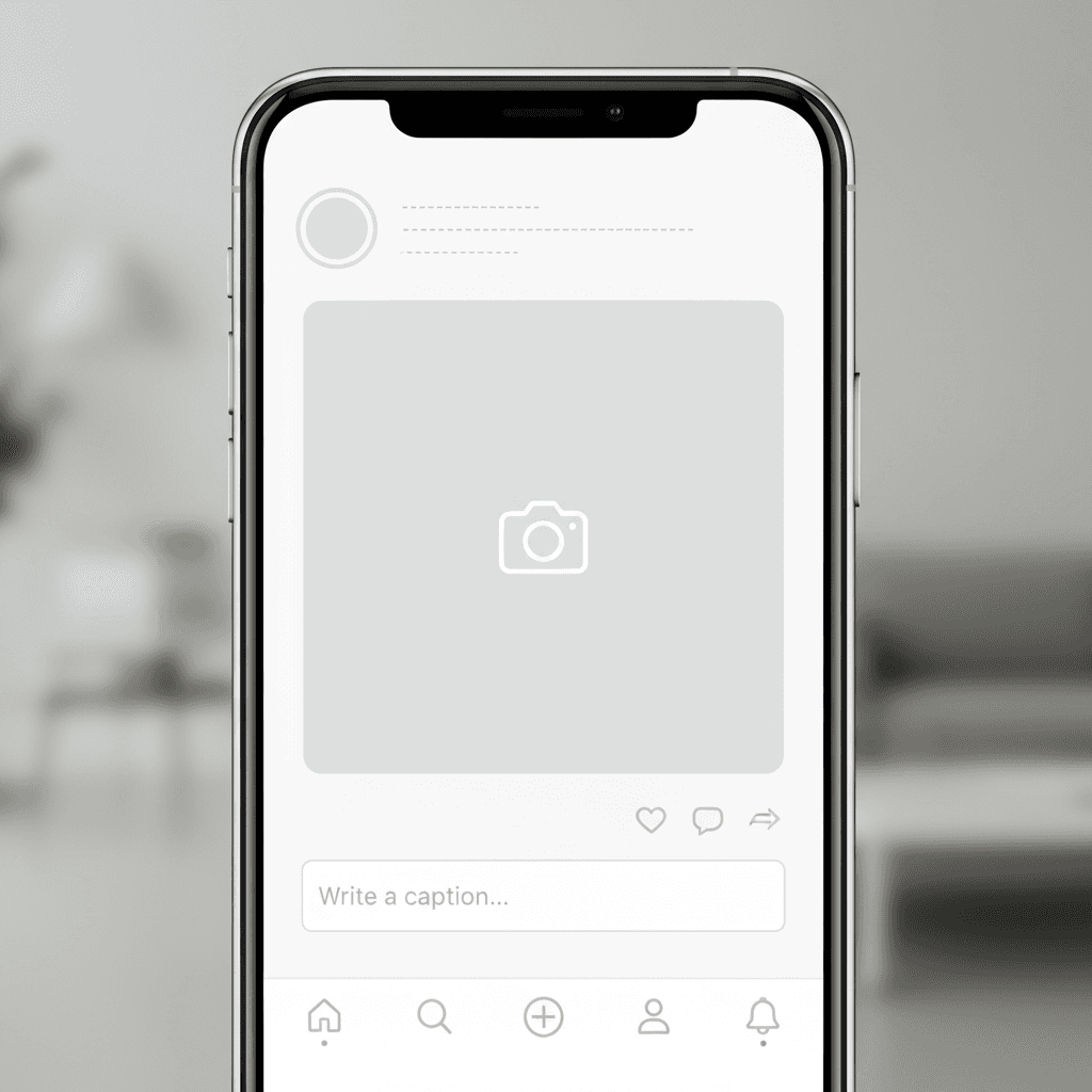 스마트폰 화면에 빈 소셜 미디어 게시물 템플릿이 표시됩니다. 디지털 콘텐츠 미리보기에 적합합니다.