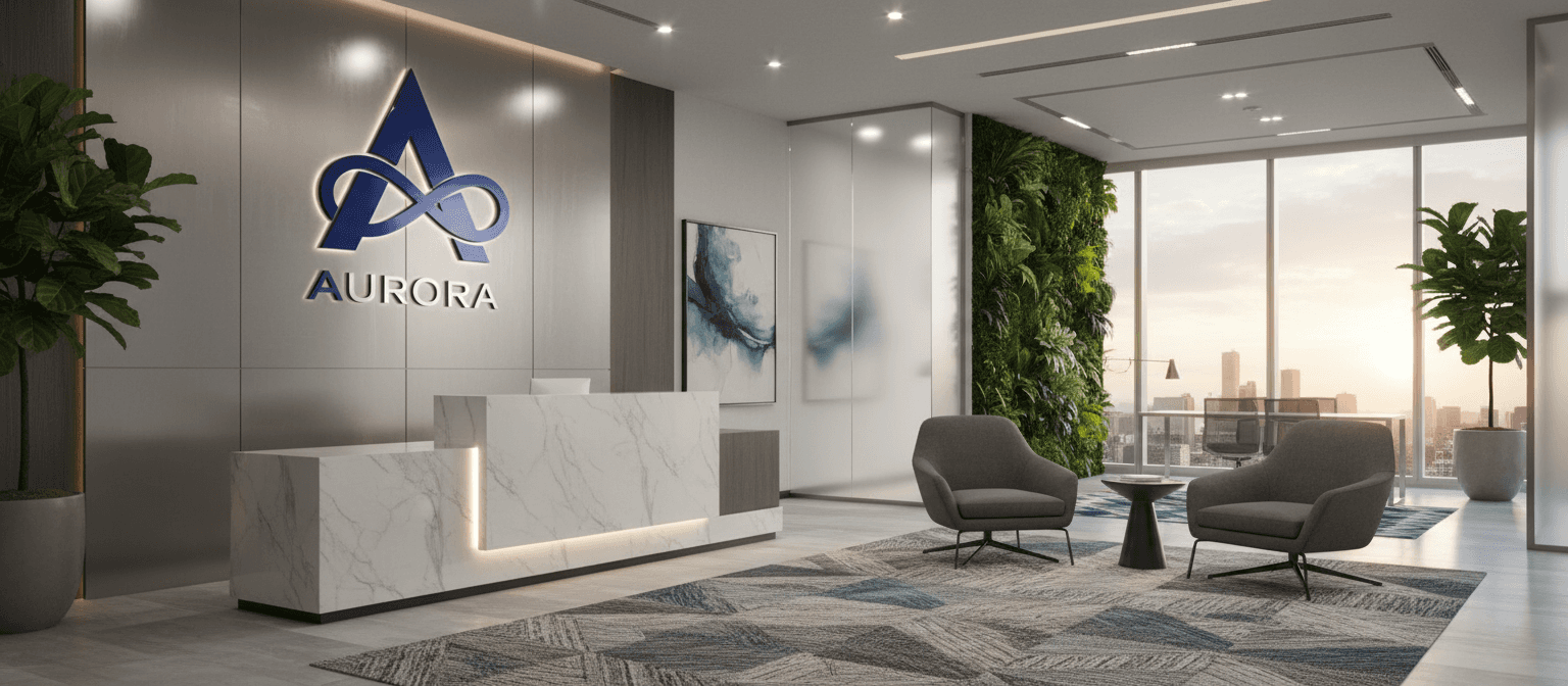 기업 사무실 벽에 있는 브랜드 아이덴티티 로고 목업 이미지.