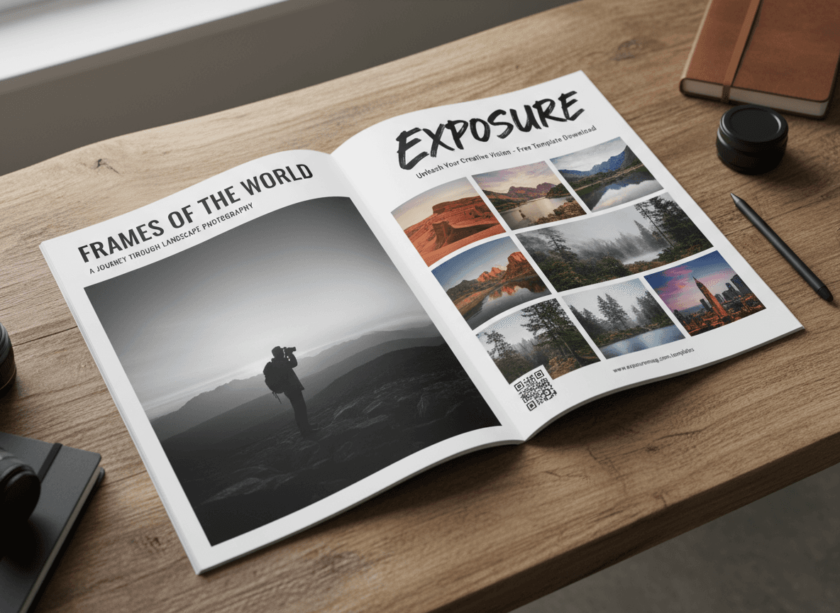 두 페이지가 펼쳐진 잡지 지면 목업, 고급 사진에 초점을 맞추어 나무 테이블에 전시.