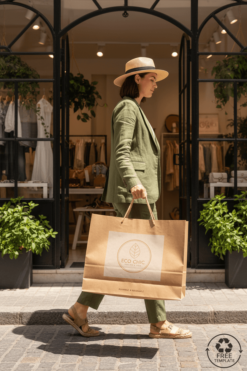 부티크에서 나오는 사람이 들고 있는 재활용 종이 쇼핑백 목업.