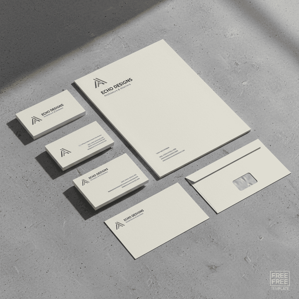 콘크리트 표면에 정돈된 명함, 레터헤드, 봉투로 구성된 브랜딩 문구 목업 세트.