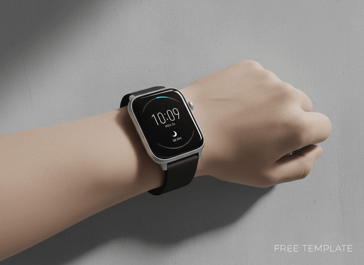 깔끔한 디지털 시계 화면을 가진 손목에 착용된 미니멀한 스마트워치 목업.