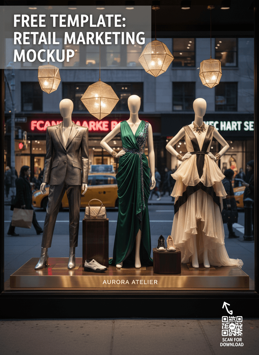 패션 매장의 창문 디스플레이 목업, 마네킹이 의상 디자인을 전시하고 있으며 외부 거리 풍경.