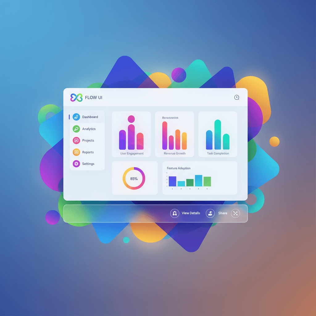 스타일리시하고 추상적인 그래픽 UI 내에 있는 소프트웨어 스크린샷 목업 이미지.