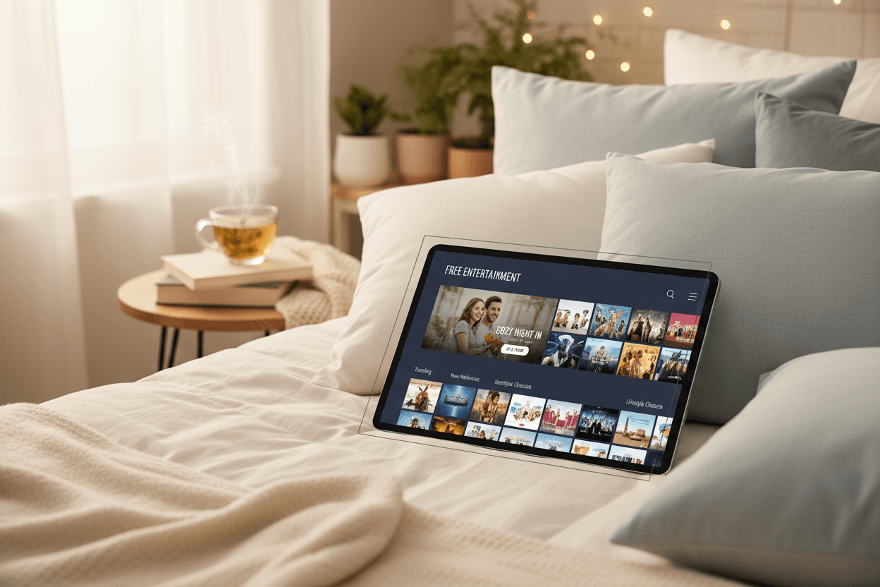 베개와 함께 편안한 침대 위에 놓인 태블릿 목업, 스트리밍 서비스 인터페이스 표시.